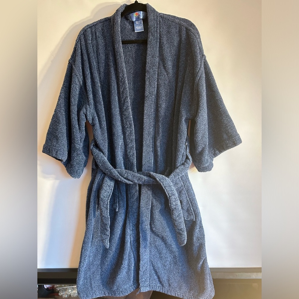 FRUIT OF THE LOOM VTG COTTON MENS QUATER SLEEVES WITH BELT TERRYCLOTH ROBE BLUE